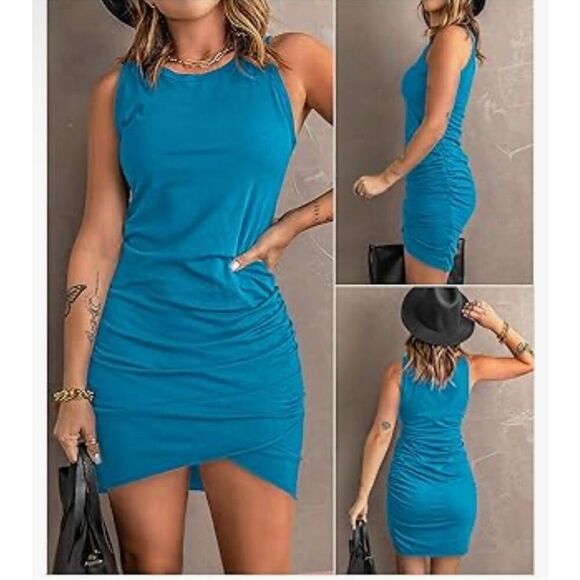 NEW Teal Crew Neck Ruched Sleeveless Tank Bodycon Dress XL - Picture 2 of 4